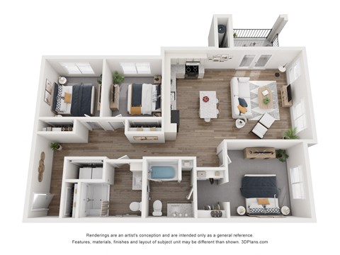 Floor plan for 3 beds, 2 baths, 1238 sqft